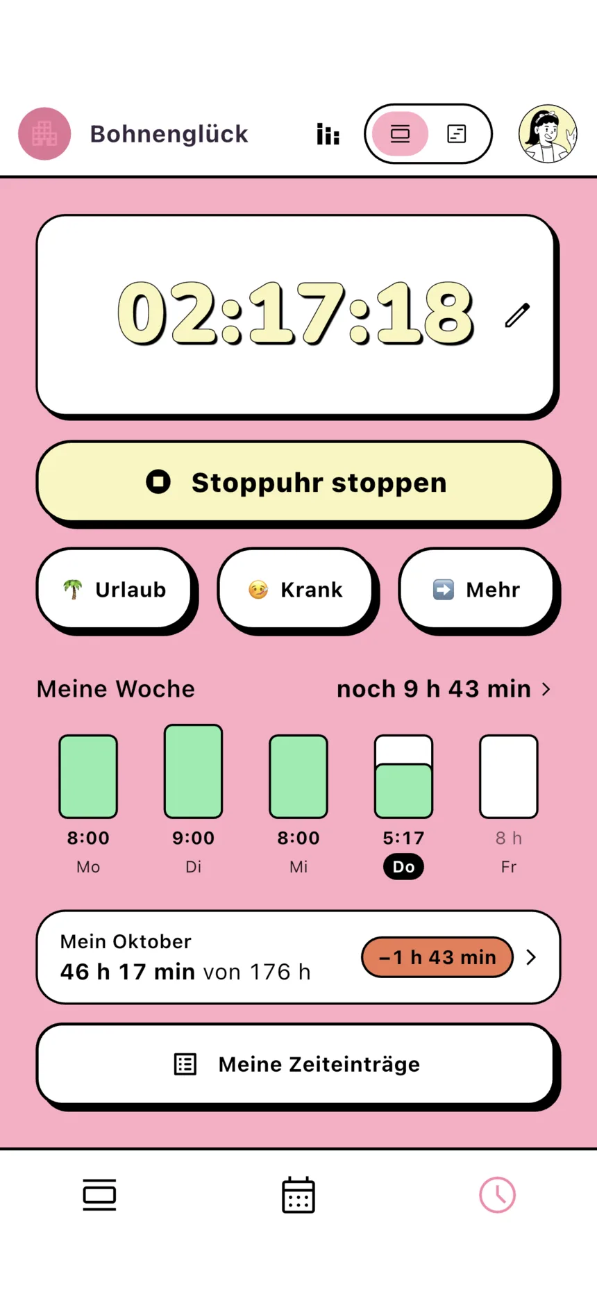 Zeiterfassung mit Stoppuhr, Wochenübersicht und Monatsstand